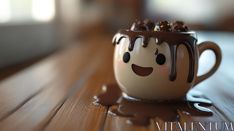 Smiling chocolate mug friend melting into cozy sweetness.