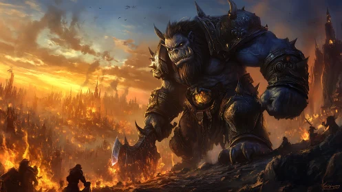 Colossal armored orc strides through burning fantasy city.