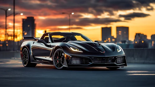 Midnight black supercar glows beneath fiery city sunset.