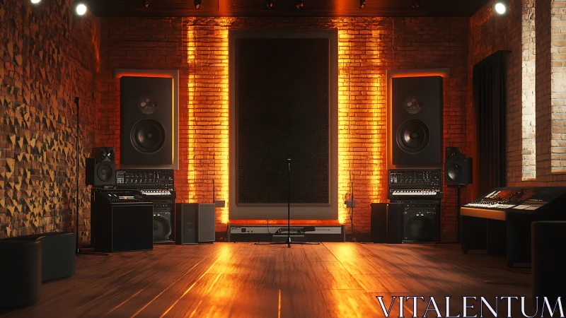 Amber-lit brick studio cradles towering speakers and soundscapes.