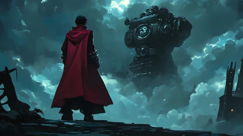Scarlet wanderer confronts a clockwork titan in stormed sky.