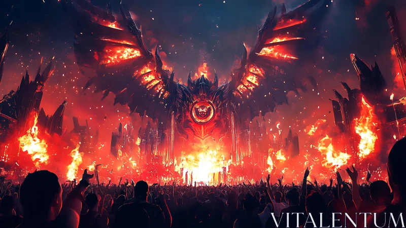 Demonic fire entity towers above roaring festival crowd.