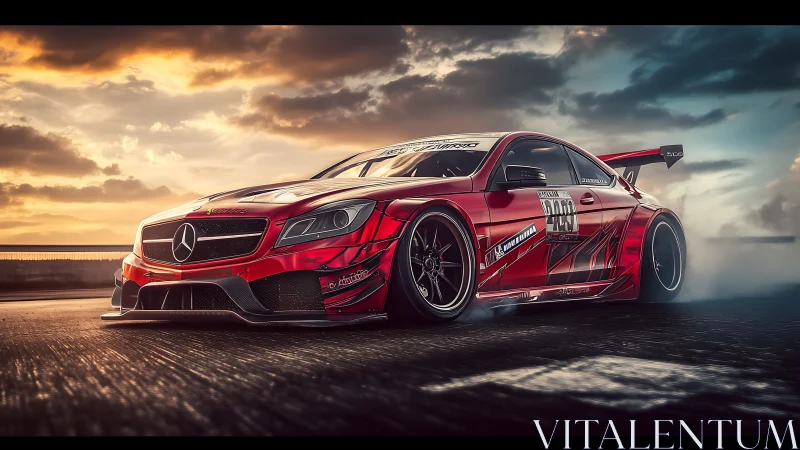 Roaring red race car powers through smoke at sunset speed