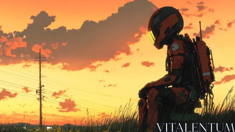 Solitary dusk mech-scout resting beneath electric skies.