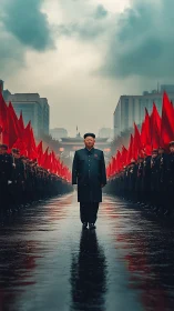 Leader marching through symmetrical red-flag military parade.
