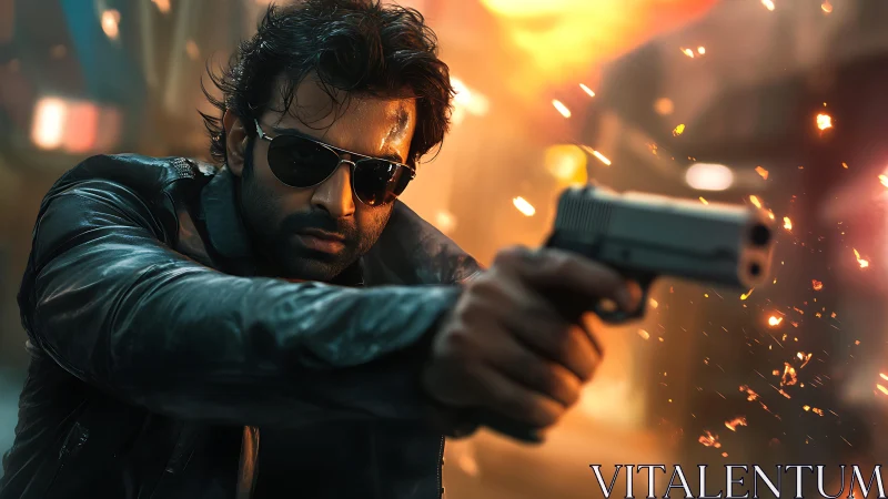 Photorealistic action portrait with dynamic gunfire perspective.