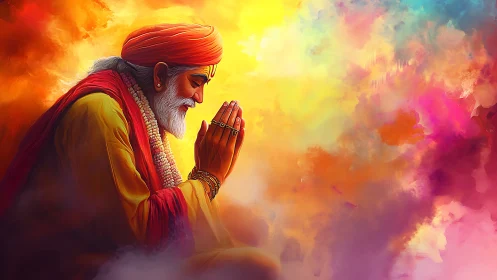 Digital painting of praying sage in radiant chromatic nebula.