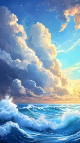 Sunlit cumulonimbus over dynamic turquoise ocean waves