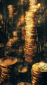 Stacked bitcoin coin columns in dense vertical arrangement.