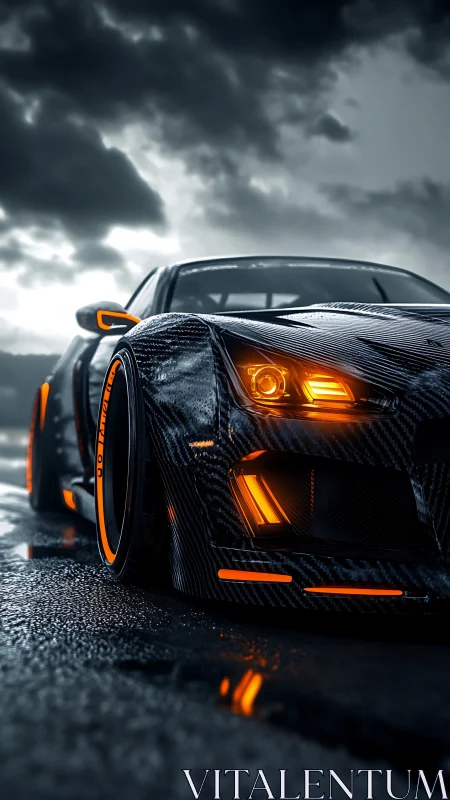 Carbon fiber sports car with orange lighting on wet asphalt.