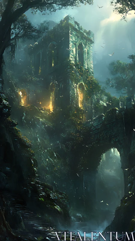 Overgrown stone ruin with river under misty forest light.