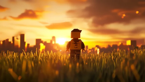Tiny plastic wanderer contemplates a glowing brick-built dawn