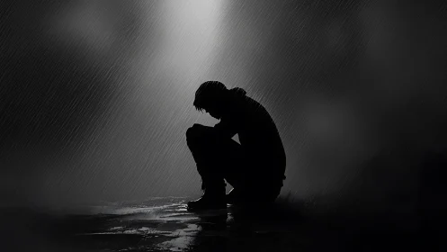 Silhouetted figure kneels in rain under stark overhead light