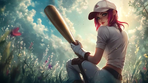 Baseball striker rests in wildflower field at sunrise