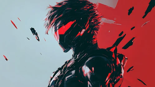 Bold cybernetic warrior poised between chaos and calm.