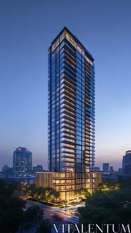 Modern glass residential tower at dusk in city skyline.