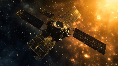 Satellite with extended solar panels travels through dense space field