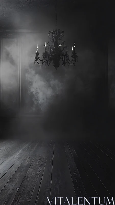 Glimmering chandelier gently brightens a shadowy wooden hall