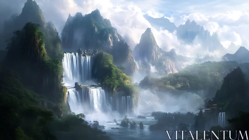 Layered waterfalls in misty mountain fantasy landscape.