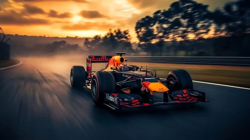 Aerodynamic Formula racer slicing through dusk misted circuit.