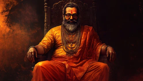 Digital portrait of seated Hindu guru in saffron robes, frontal