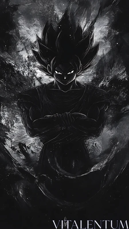 Dark anime warrior emerges from swirling cosmic shadows.
