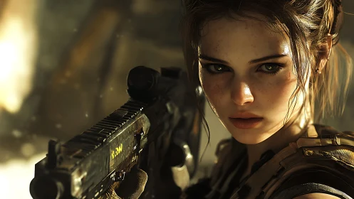 Female soldier aiming rifle in warm cinematic lighting.