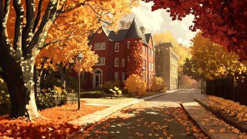 Autumn city street with red townhouse and golden trees.