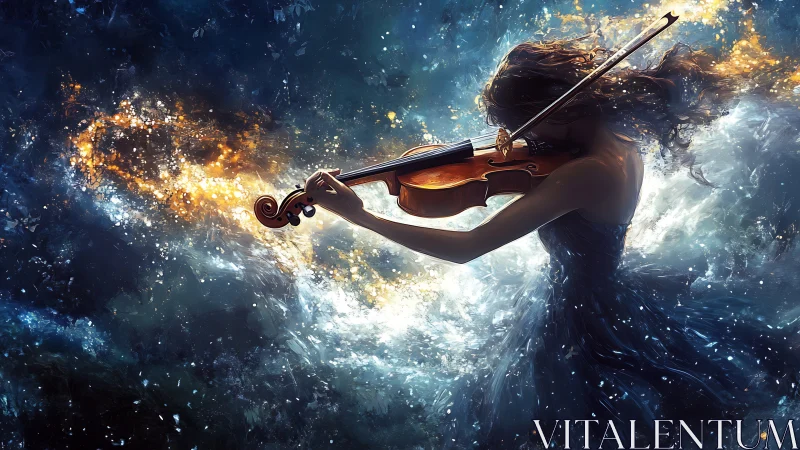 Violinist in swirling cosmic light and dark blue storm.