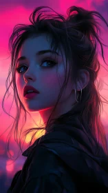 Neon dusk portrait of a young woman in cinematic glow.