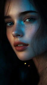 Cinematic close portrait with teal rim light and soft freckles
