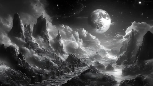 Monochrome celestial landscape with stairway and mountains.