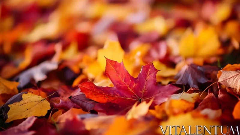 Red maple leaf on colorful autumn forest ground.