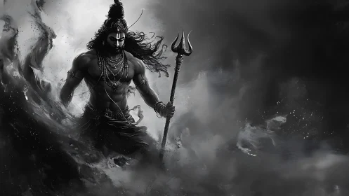 Mythic warrior strides through stormlit shadows with trident.