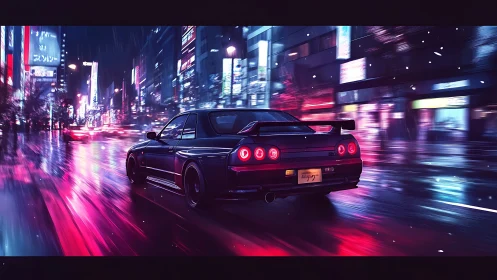 Midnight skyline GT car races through neon rain city streets.