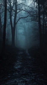 Foggy forest trail with wet ground in low blue light.