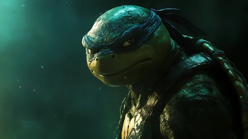 Brooding sewer warrior in emerald glow and steel resolve.