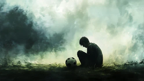 Melancholic soccer youth in misty atmospheric field scene.