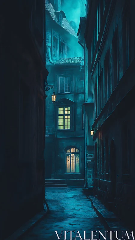 Foggy old alley glows with warm window and gas lamps