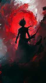 Dark anime warrior before swirling red energy vortex.