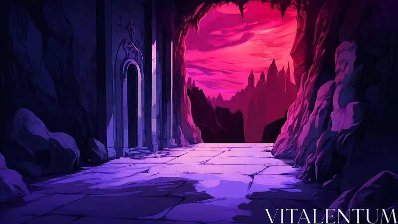 Twilight cavern corridor opens onto a crimson fantasy skyline