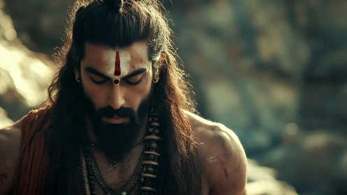 Meditative ascetic with tilak under warm cinematic light.