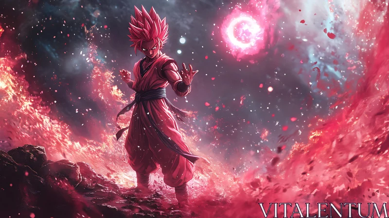 Celestial anime warrior channels red energy in eruptive vortex