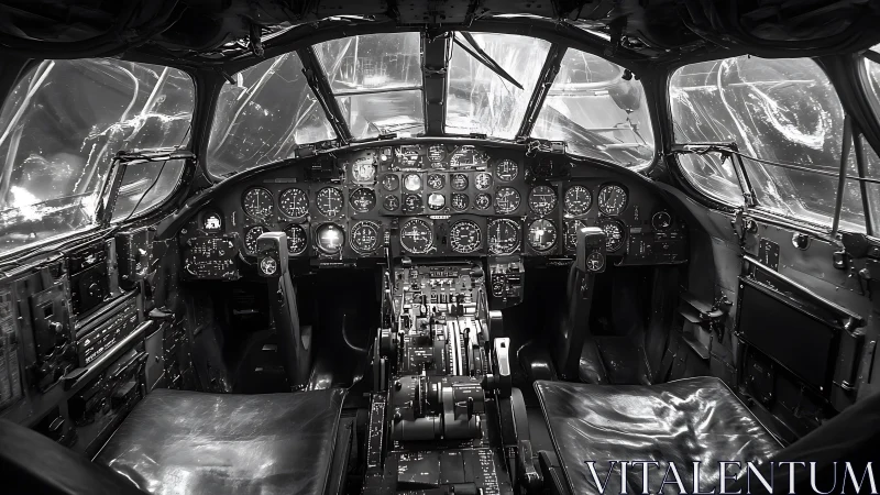 Vintage cockpit glow in monochrome aviation memoryscape.