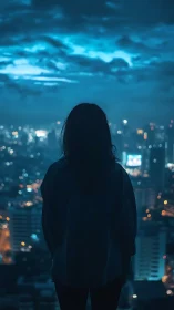 Silhouette of person stands before blue lit city skyline