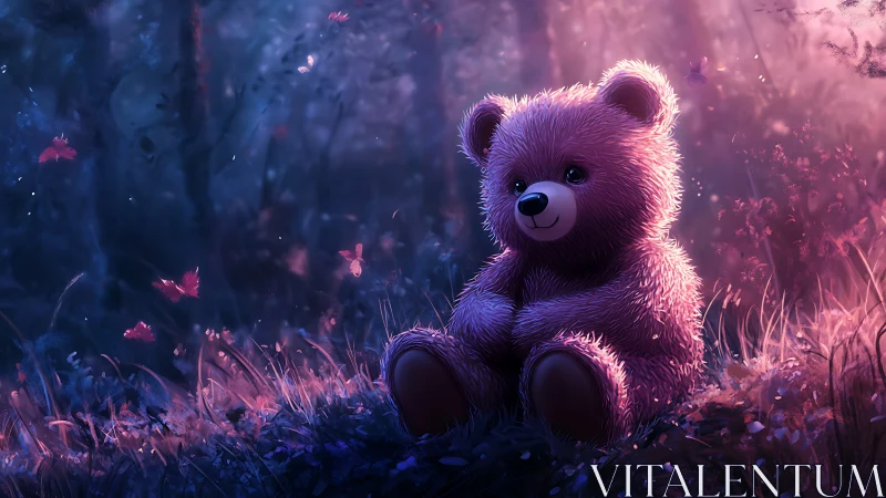 Luminescent plush bear rendered in dreamy twilight forest