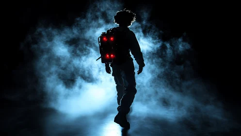 Silhouetted explorer walks through dense blue atmospheric fog