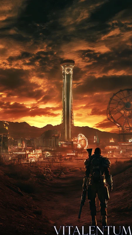 Lone wanderer meets neon tower under a blazing wasteland sky.