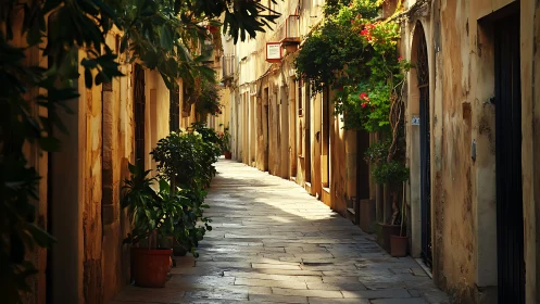 Narrow stone alleyway with potted plants and aged facades.