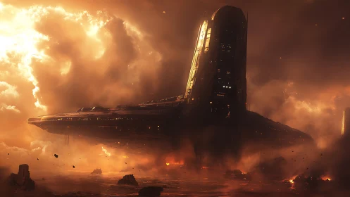 Colossal starship descends through ember-lit storm clouds.